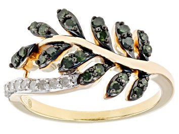 Picture of Green And White Diamond 14k Yellow Gold Over Sterling Silver Leaf Bypass Ring 0.35ctw