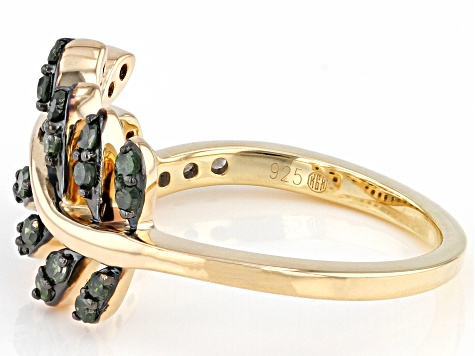 Green And White Diamond 14k Yellow Gold Over Sterling Silver Leaf Bypass Ring 0.35ctw