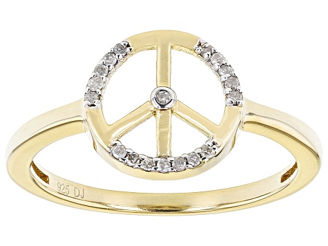 White Diamond Accent 14k Yellow Gold Over Sterling Silver Peace Sign Ring