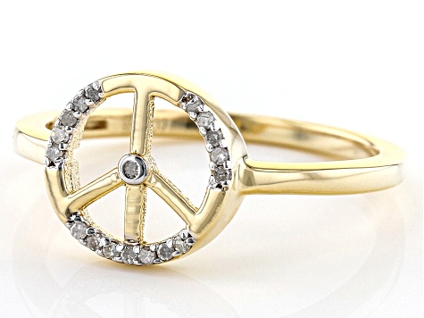 White Diamond Accent 14k Yellow Gold Over Sterling Silver Peace Sign Ring