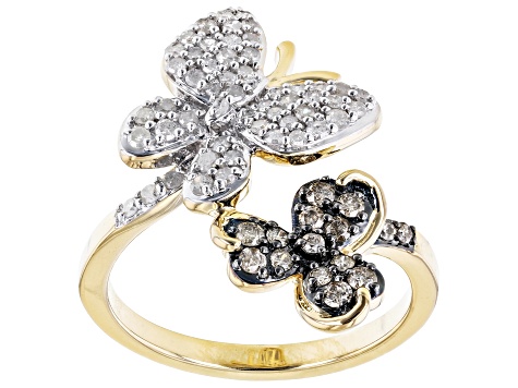 White & Champagne Diamond 14k Yellow Gold Over Sterling Silver Butterfly & Clover Bypass Ring .55ctw