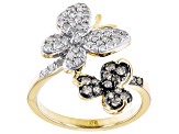 White & Champagne Diamond 14k Yellow Gold Over Sterling Silver Butterfly & Clover Bypass Ring .55ctw