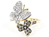 White & Champagne Diamond 14k Yellow Gold Over Sterling Silver Butterfly & Clover Bypass Ring .55ctw