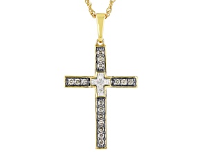 Champagne And White Diamond 14k Yellow Gold Over Sterling Silver Cross Pendant With Chain 0.40ctw