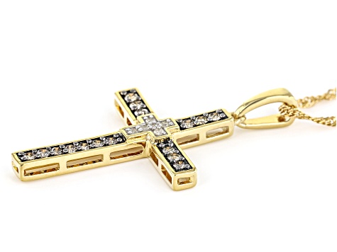 Champagne And White Diamond 14k Yellow Gold Over Sterling Silver Cross Pendant With Chain 0.40ctw