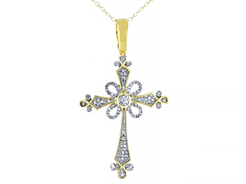 Picture of White Diamond 14k Yellow Gold Over Sterling Silver Cross Pendant With 20" Cable Chain 0.20ctw