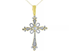 White Diamond 14k Yellow Gold Over Sterling Silver Cross Pendant With 20" Cable Chain 0.20ctw