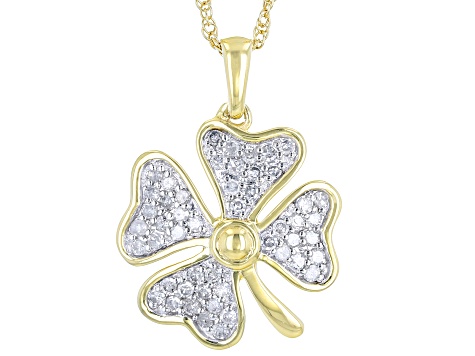 White Diamond 14k Yellow Gold Over Sterling Silver Clover Pendant With 18" Rope Chain 0.33ctw