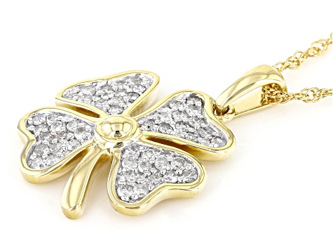 White Diamond 14k Yellow Gold Over Sterling Silver Clover Pendant With 18" Rope Chain 0.33ctw