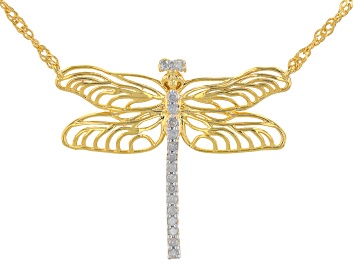 Picture of White Diamond 14k Yellow Gold Over Sterling Silver Dragonfly Necklace 0.10ctw