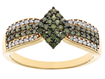 Picture of Green And White Diamond 14k Yellow Gold Over Sterling Silver Cluster Ring 0.60ctw
