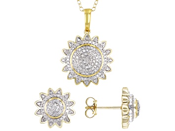 Picture of White Diamond 14k Yellow Gold Over Sterling Silver Cluster Pendant & Earring Jewelry Set 0.50ctw