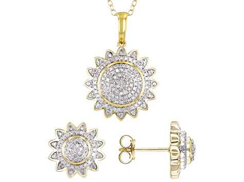 White Diamond 14k Yellow Gold Over Sterling Silver Cluster Pendant & Earring Jewelry Set 0.50ctw