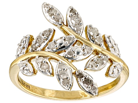 White Diamond 14k Yellow Gold Over Sterling Silver Bypass Leaf Ring 0.35ctw  - ENG374