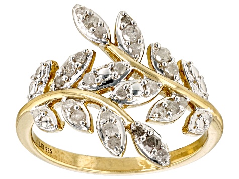 White Diamond 14k Yellow Gold Over Sterling Silver Bypass Leaf Ring 0.35ctw