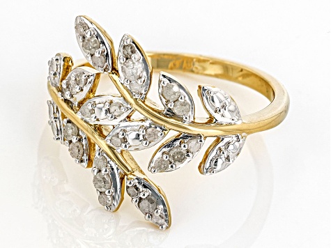 White Diamond 14k Yellow Gold Over Sterling Silver Bypass Leaf Ring 0.35ctw