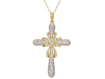 Picture of White Diamond 14k Yellow Gold Over Sterling Silver Cross Pendant With A 20" Cable Chain 0.20ctw