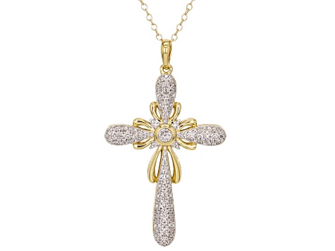 White Diamond 14k Yellow Gold Over Sterling Silver Cross Pendant With A ...