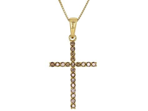 Champagne Diamond 14k Yellow Gold Over Sterling Silver Cross Pendant With 18" Box Chain