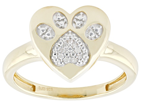 White Diamond Accent 14k Yellow Gold Over Sterling Silver Paw Print Heart Ring ENG421 JTV