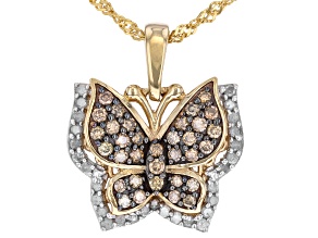 Champagne & White Diamond 14k Yellow Gold Over Sterling Silver Butterfly Pendant With Chain 0.70ctw
