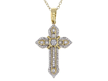 Picture of White Diamond 14k Yellow Gold Over Sterling Silver Cross Pendant With Chain 0.20ctw