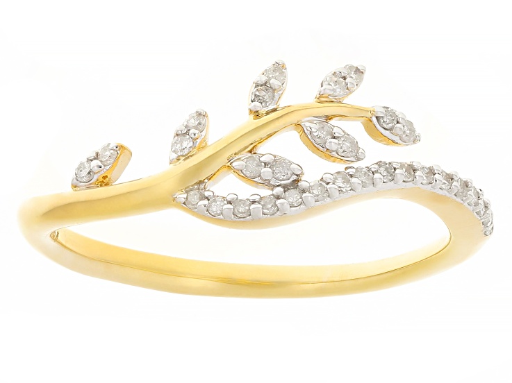 White Diamond 14k Yellow Gold Over Sterling Silver Leaf Band