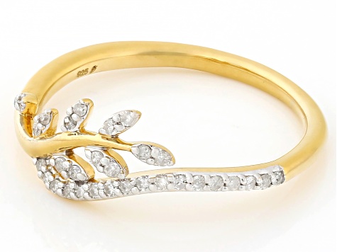 White Diamond 14k Yellow Gold Over Sterling Silver Leaf Band