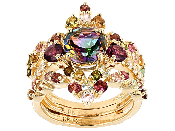 Green Mystic Fire(R) Topaz 18k yellow gold over silver ring & enhancer 2-piece set 4.30ctw