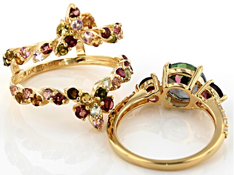 Green Mystic Fire(R) Topaz 18k yellow gold over silver ring & enhancer 2-piece set 4.30ctw