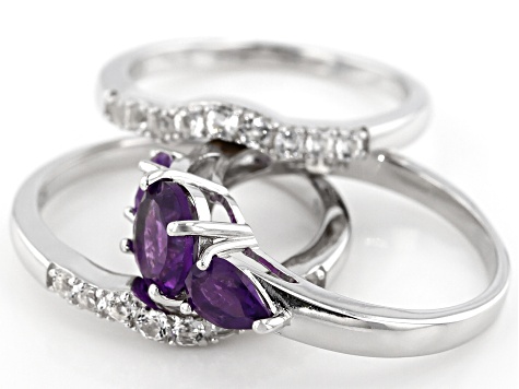 Purple amethyst rhodium over silver 3-ring set. 2.36ctw