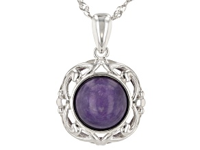 Purple charoite rhodium over silver pendant with chain