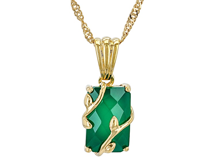 ネックレス・ペンダント [Retro finger] GREEN ONYX NECKLACE Green Onyx 18k Yellow Gold Over Silver Pendant With Chain
