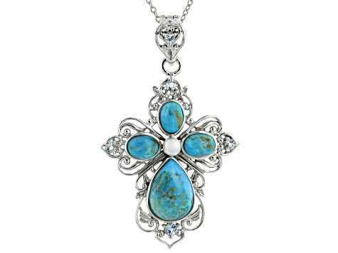 Blue Turquoise Rhodium Over Sterling Silver Cross Pendant With Chain