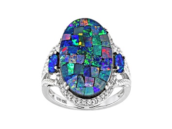 Picture of Multicolor Mosaic Opal Triplet Rhodium Over Sterling Silver Ring 0.11ctw