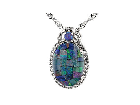 Multicolor Mosaic Opal Triplet Rhodium Over Silver Pendant Chain 0.11ctw