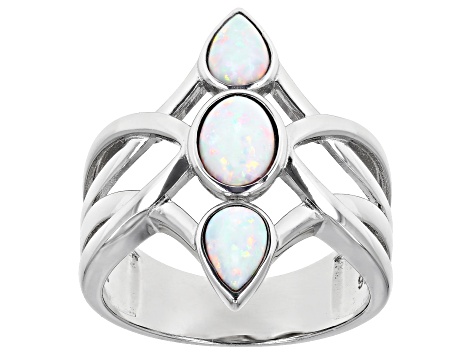 Multi Color Lab Created Opal Rhodium Over Sterling Silver 3-Stone Ring 7x5mm