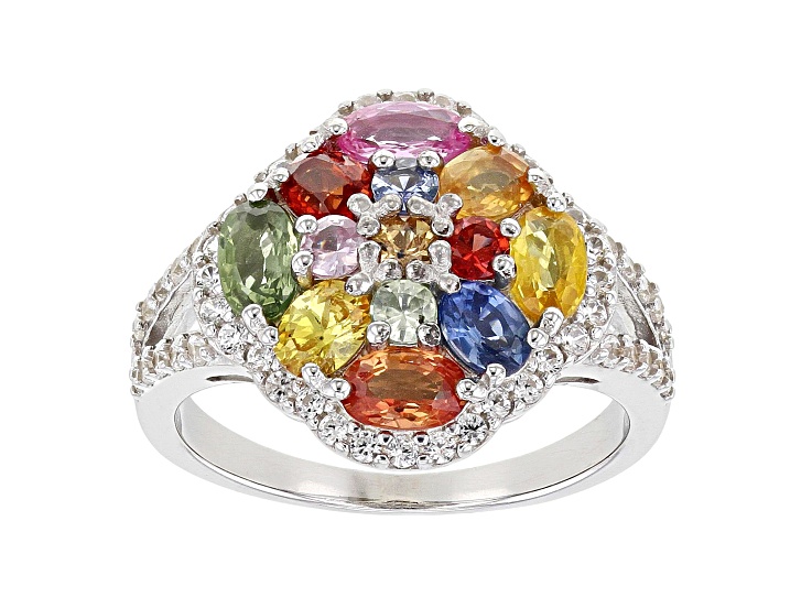 Multi-Sapphire Rhodium Over Sterling Silver Ring 3.04ctw