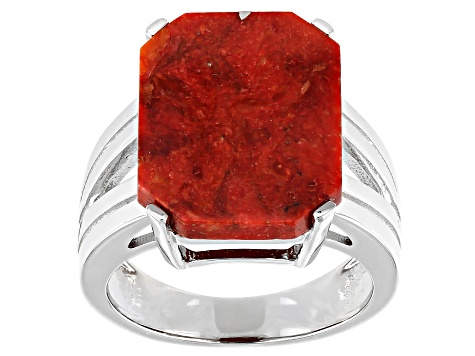 Red Sponge Coral Rhodium Over Sterling Silver Ring