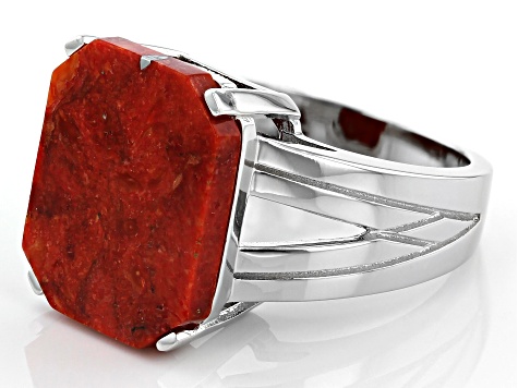 Red Sponge Coral Rhodium Over Sterling Silver Ring
