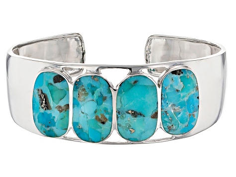 Blue Composite Turquoise Rhodium Over Sterling Silver Cuff Bracelet