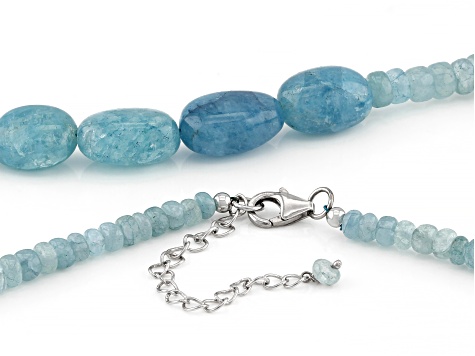 Blue Aquamarine Rhodium Over Sterling Silver Beaded Necklace