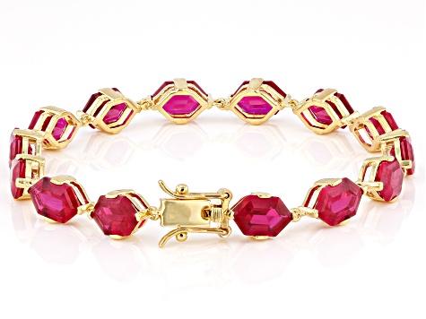 Red Lab Created Ruby 18k Yellow Gold Over Sterling Silver Tennis Bracelet 23.80ctw
