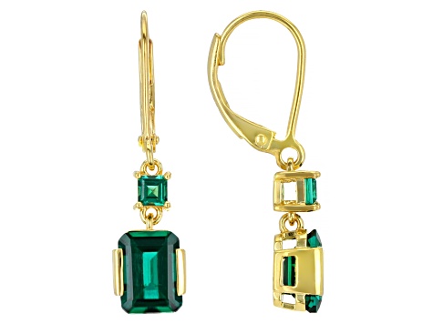 Green Lab Created Emerald 18k Yellow Gold Over Sterling Silver Dangle Earrings 2.65ctw