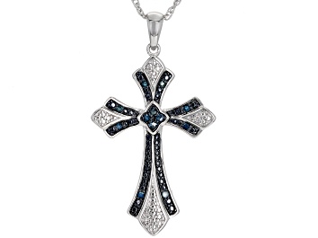 Picture of Blue Diamond Rhodium Over Sterling Silver Cross Pendant With 18" Singapore Chain 0.14ctw