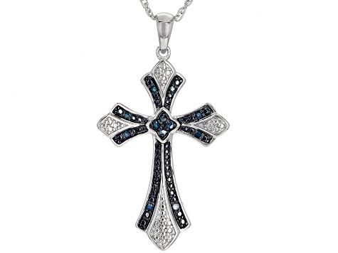 Blue Diamond Rhodium Over Sterling Silver Cross Pendant With 18" Singapore Chain 0.14ctw