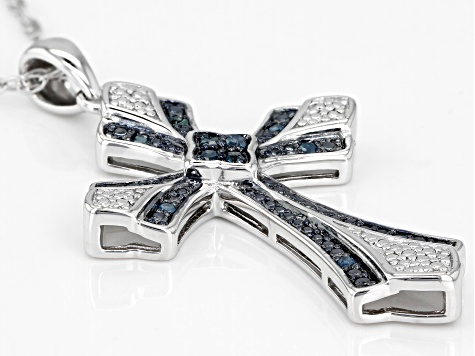 Blue Diamond Rhodium Over Sterling Silver Cross Pendant With 18" Rope Chain 0.14ctw