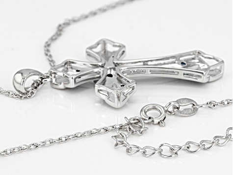 Blue Diamond Rhodium Over Sterling Silver Cross Pendant With 18" Rope Chain 0.14ctw