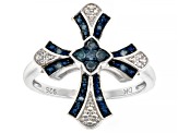 Blue Diamond Rhodium Over Sterling Silver Cross Ring 0.10ctw