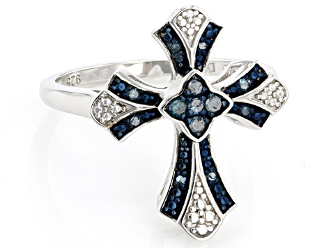 Blue Diamond Rhodium Over Sterling Silver Cross Ring 0.10ctw